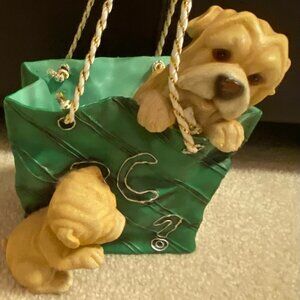 Adorable Bulldog ABC Decorative puppy figurine décor in a green bag with rope